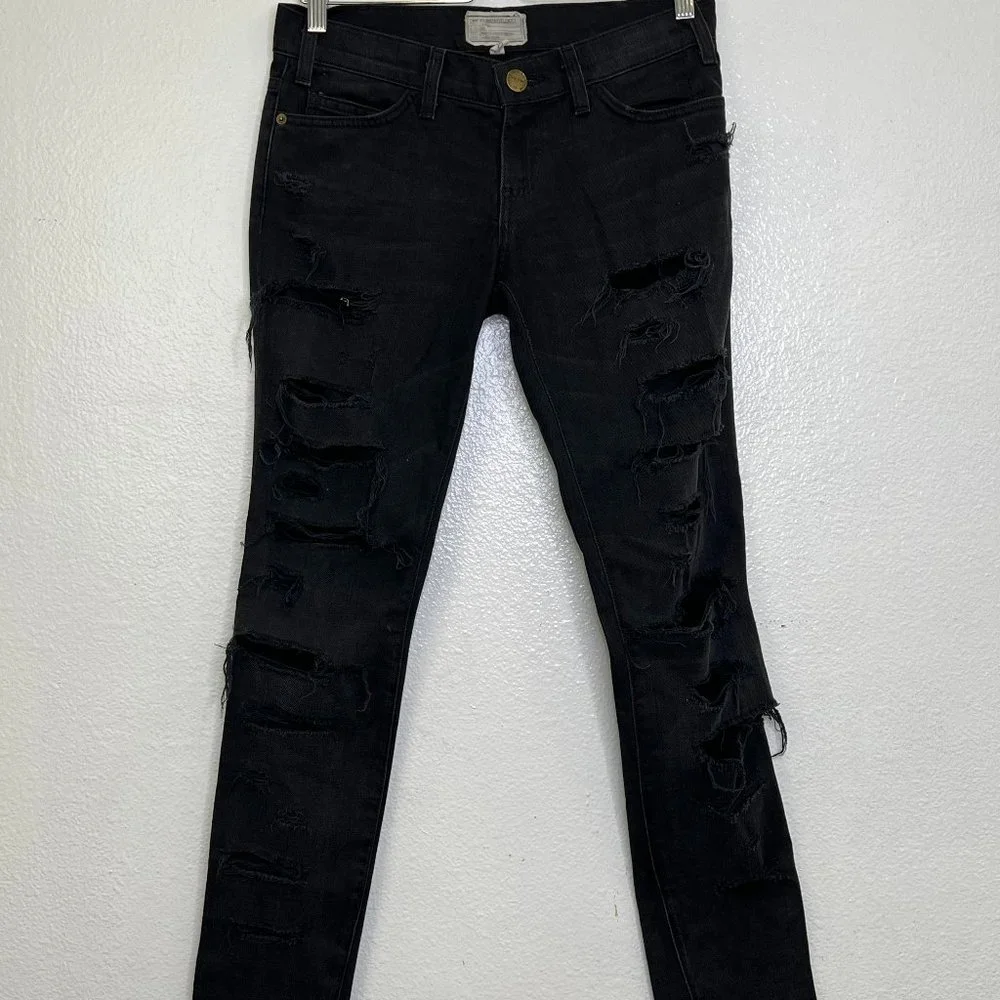 Current/Elliott Stiletto in‎ Jet Black Destroy Stretch Skinny Jeans 26
